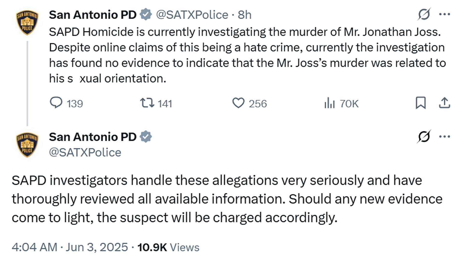 Statement by San Antonio PD (Image via X/ @SATXPolice)